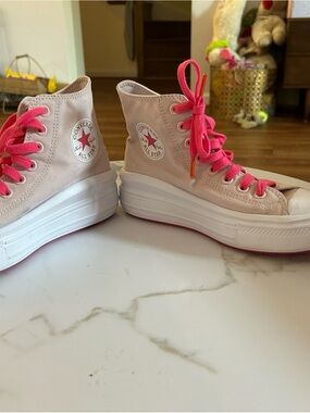 Converse Platform High Top Sneakers in Pale Pink with Hot Pink Laces